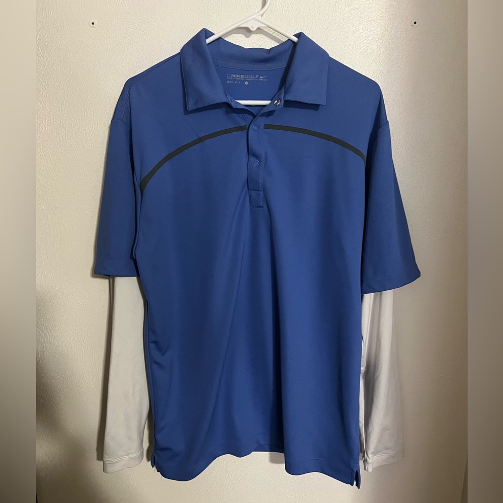 NIKE Classic Dri Fit Activewear Athletic Long Sleeve Golf Polo Blue White Mens L